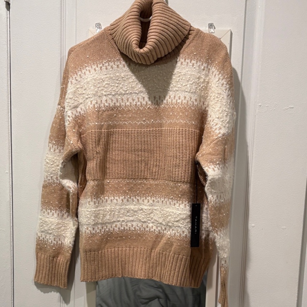 Tahari Beige and White Cowl Neck Sweater